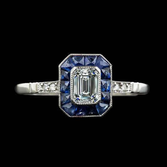 Art Deco Jewelry New Halo Ring Emerald Diamond & Trapezoid Sapphires