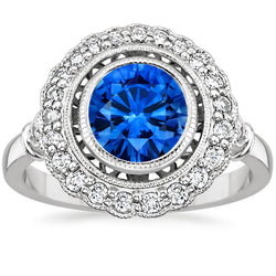 Art Nouveau Jewelry New Halo Blue Round Sapphire Natural Earth Mined Diamond Ring