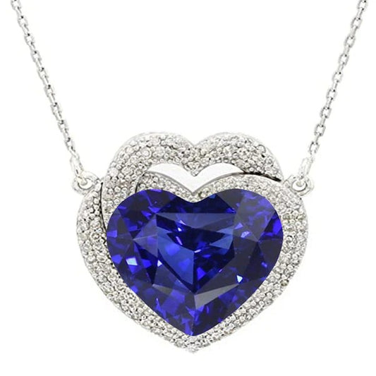 Halo Heart Blue Sapphire Pendant Pave Set Diamond Necklace 6.50 Carats - Gemstone Pendant-harrychadent.ca