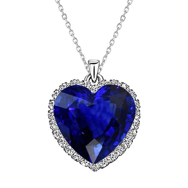 White Gold Heart Sapphire & Diamond Halo Pendant Slide 6 Carats - Gemstone Pendant-harrychadent.ca