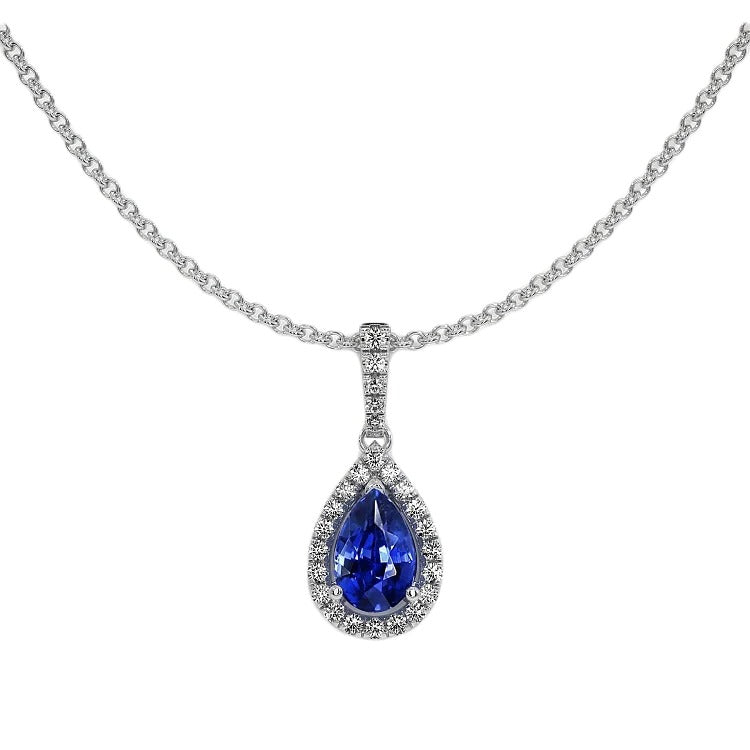 White Gold Halo Pendant Pear Sapphire & Diamond Necklace 2 Carats - Gemstone Pendant-harrychadent.ca