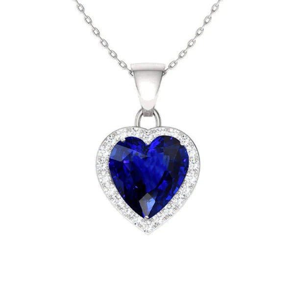 Halo Pendant Heart Ceylon Sapphire & Diamond Necklace 3 Carats - Gemstone Pendant-harrychadent.ca