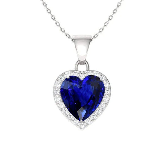 Halo Pendant Heart Ceylon Sapphire & Diamond Necklace 3 Carats - Gemstone Pendant-harrychadent.ca