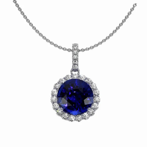 Halo Round Sri Lankan Sapphire & Diamond Pendant Gold 3.50 Carat - Gemstone Pendant-harrychadent.ca