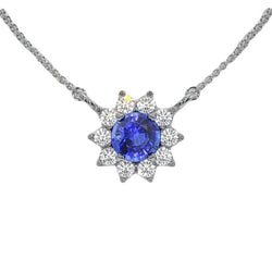 Round Blue Sapphire & Natural Earth Mined Diamond Halo Pendant Star Style 3 Carats