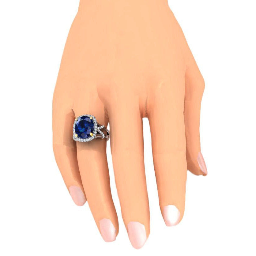 Oval Blue Sapphire And Round Cut Diamonds Gemstone Ring 7.81 Carat - Gemstone Ring-harrychadent.ca