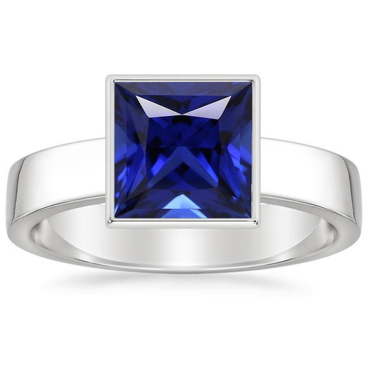 Bezel Set Solitaire Mens Ring Princess Ceylon Sapphire 5 Ct White Gold