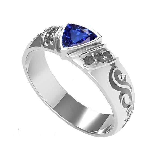 Black Diamond Men's Ring Bezel Set Blue Sapphire Antique Style 1.50 Ct