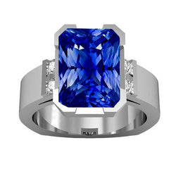 Blue Sapphire Mens Ring 4 Carats Bar Set Gold Princess Natural Earth Mined Diamonds