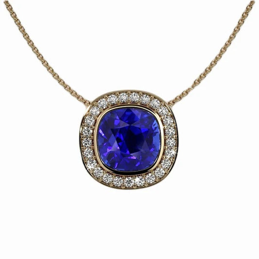 Halo Cushion Sapphire Pendant & Round Diamond Bezel Set 4.50 Carats - Gemstone Pendant-harrychadent.ca