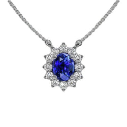 Halo Pendant Oval Ceylon Sapphire & Natural Earth Mined Diamond Flower Style 3.50 Carats