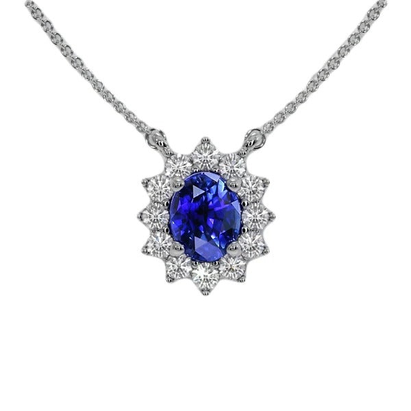 Halo Pendant Oval Ceylon Sapphire & Diamond Flower Style 3.50 Carats - Gemstone Pendant-harrychadent.ca