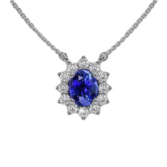 Halo Pendant Oval Ceylon Sapphire & Diamond Flower Style 3.50 Carats - Gemstone Pendant-harrychadent.ca