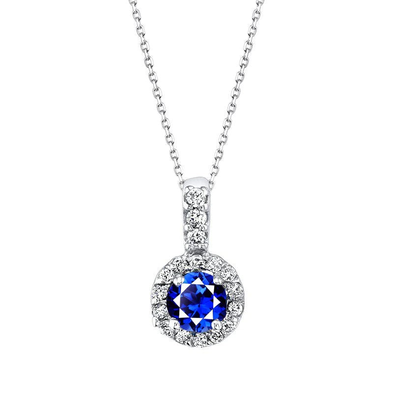 Round Blue Sapphire & Diamond Halo Pendant 14K White Gold 3 Carats - Gemstone Pendant-harrychadent.ca