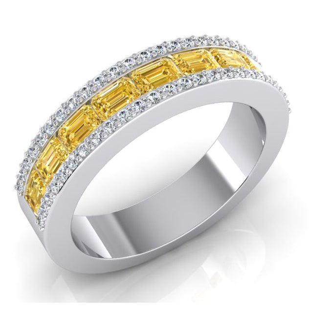 Canary Yellow Lab Grown Diamond Emerald Cut & Round Gold Band 3.25 Carats