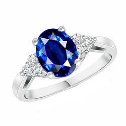 Cathedral Setting Oval Ceylon Sapphire & Natural Earth Mined Diamond Ring White Gold
