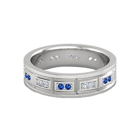 Comfort Fit Vintage Type Band Lab Grown Diamond Blue Sapphire White Gold 14K