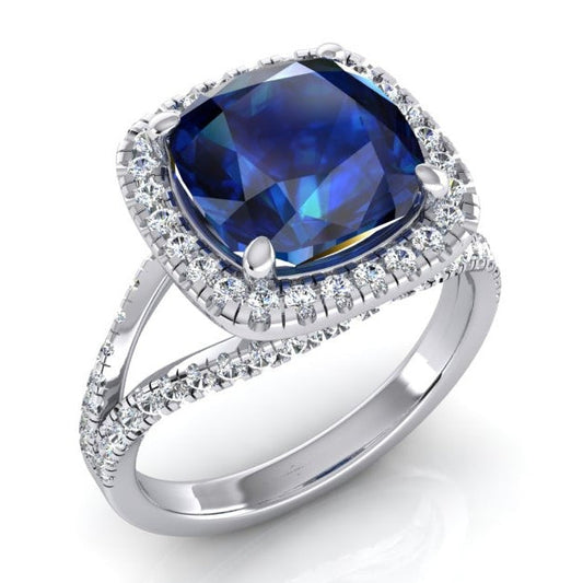 Cushion Tanzanite Halo Gemstone Ring 6.50 Carats Split Shank