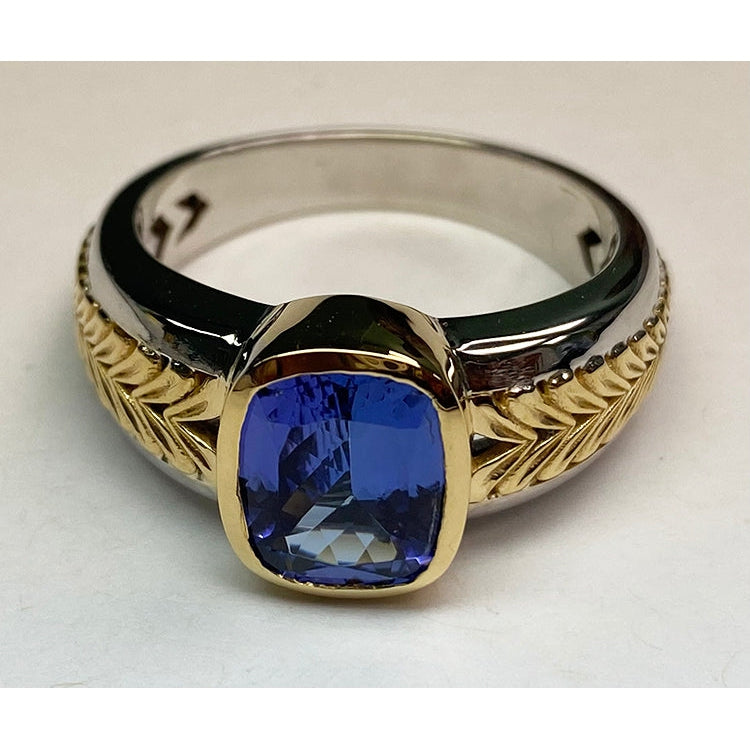 Two Tone Solitaire Tanzanite Ring Cushion Bezel Set 5.50 Carats - Gemstone Ring-harrychadent.ca