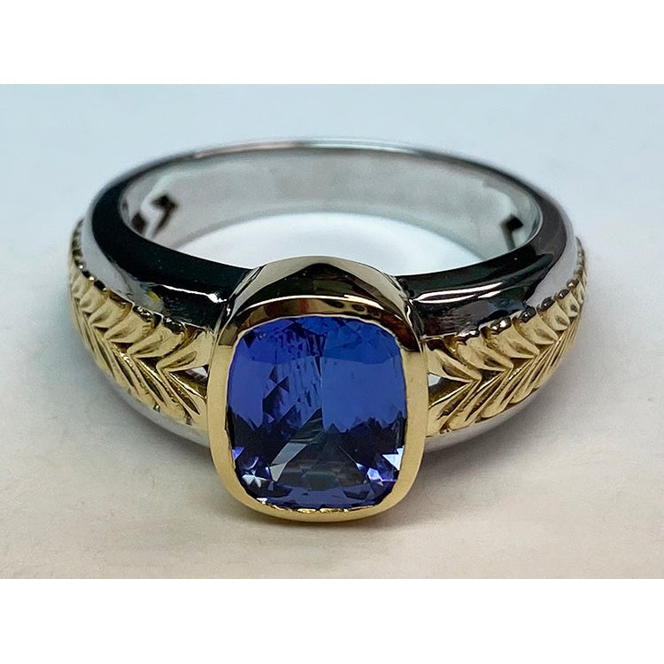 Two Tone Solitaire Tanzanite Ring Cushion Bezel Set 5.50 Carats - Gemstone Ring-harrychadent.ca