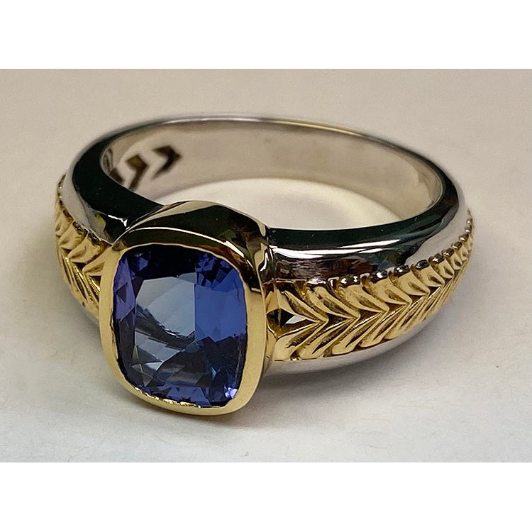 Two Tone Solitaire Tanzanite Ring Cushion Bezel Set 5.50 Carats