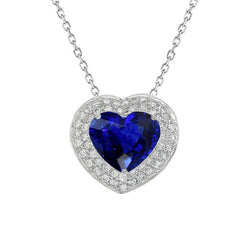 14K Gold Halo Heart Dark Blue Sapphire & Natural Earth Mined Diamond Pendant 3.50 Carats
