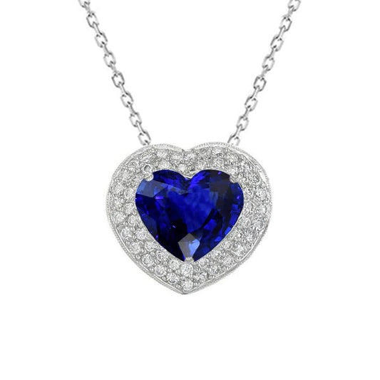 14K Gold Halo Heart Dark Blue Sapphire & Diamond Pendant 3.50 Carats - Gemstone Pendant-harrychadent.ca