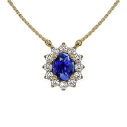 Halo Oval Blue Sapphire & Round Natural Earth Mined Diamond Pendant Necklace 3.50 Carats