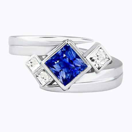 Diamond Fancy Ring 2 Carats Bezel Princess Blue Sapphire