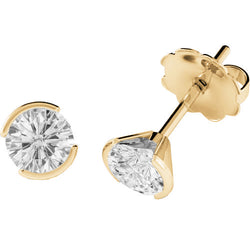 Yellow Gold Diamond Stud Earrings 1 Carat Half Bezel Jewelry