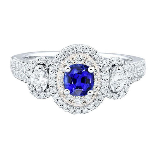 Double Halo Cushion Sapphire Ring 3 Carats White Gold 14K