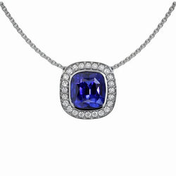 Halo Cushion Gemstone & Round Natural Earth Mined Diamond Pendant With Chain 3.50 Carats
