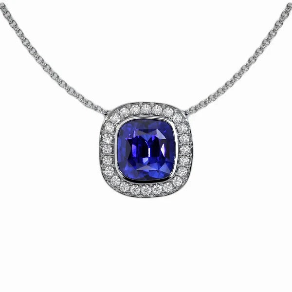 Halo Cushion Gemstone & Round Diamond Pendant With Chain 3.50 Carats - Gemstone Pendant-harrychadent.ca