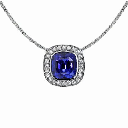 Halo Cushion Gemstone & Round Diamond Pendant With Chain 3.50 Carats - Gemstone Pendant-harrychadent.ca