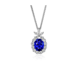Halo Oval Blue Sapphire & Round Natural Earth Mined Diamond Pendant Necklace 2 Carats