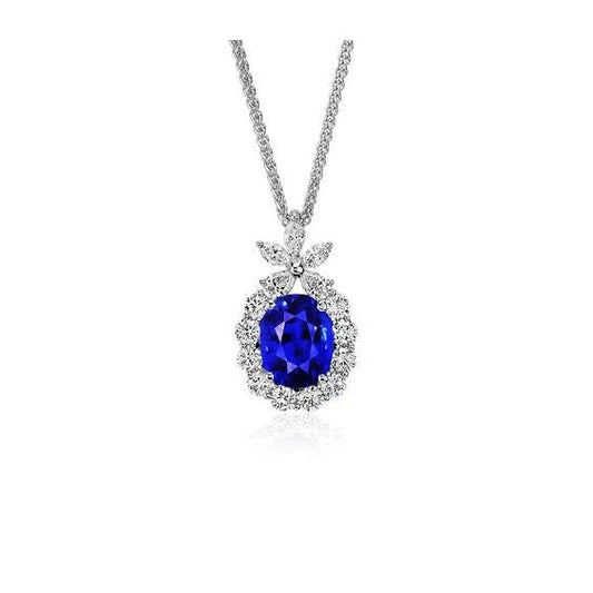 Halo Oval Blue Sapphire & Round Diamond Pendant Necklace 2 Carats - Gemstone Pendant-harrychadent.ca