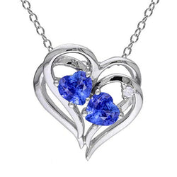 Double Heart Pendant Ceylon Sapphire & Natural Earth Mined Diamond 14K Gold 2.50 Carats