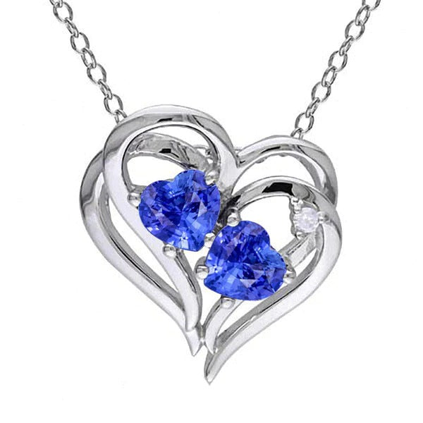 Double Heart Pendant Ceylon Sapphire & Diamond 14K Gold 2.50 Carats - Gemstone Pendant-harrychadent.ca