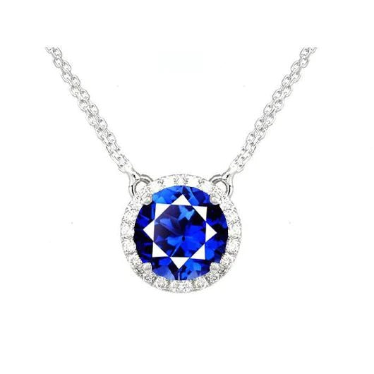 Diamond Halo Round Ceylon Sapphire Pendant Necklace 2.50 Carats - Gemstone Pendant-harrychadent.ca