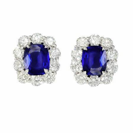 Eagle Claw Prongs Cushion Sapphire Studs Cluster Diamond Earrings