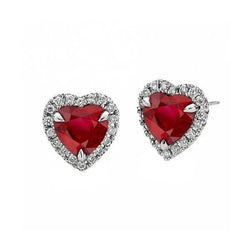 Eagle Claw Prongs Heart Cut Red Ruby & Natural Earth Mined Diamond Studs Gold Earrings