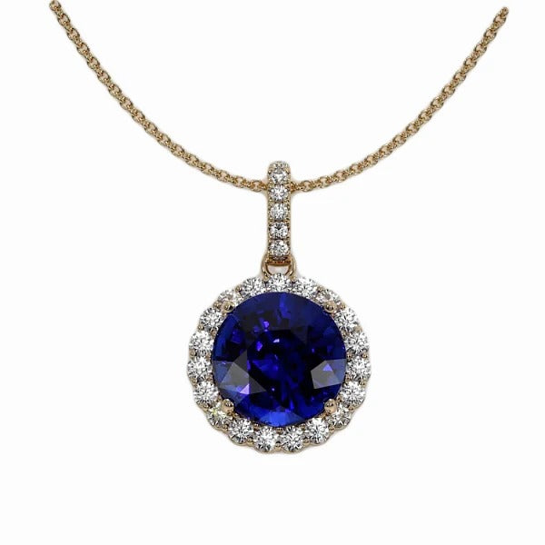 Round Diamond & Blue Sapphire Halo Pendant Yellow Gold 3.50 Carats - Gemstone Pendant-harrychadent.ca