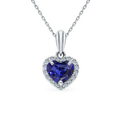 Halo Heart Ceylon Sapphire & Round Natural Earth Mined Diamond Pendant With Chain 2 Carats