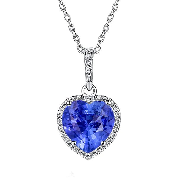 Halo Pendant Heart Ceylon Sapphire & Diamond Necklace 4 Carats - Gemstone Pendant-harrychadent.ca