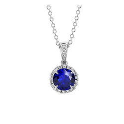 Round Sapphire & Natural Earth Mined Diamond Halo Pendant Slide Prong Set 2.50 Carats