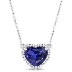 Natural Earth Mined Diamond Heart Blue Sapphire Halo Pendant Dog Ear 2 Carats