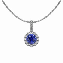 2 Carats Round Blue Sapphire & Natural Earth Mined Diamond Pendant Necklace 14K Gold