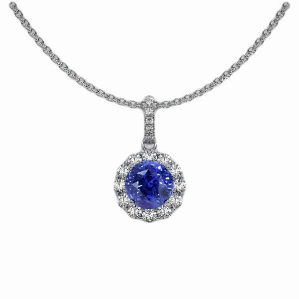 2 Carats Round Blue Sapphire & Diamond Pendant Necklace 14K Gold - Gemstone Pendant-harrychadent.ca