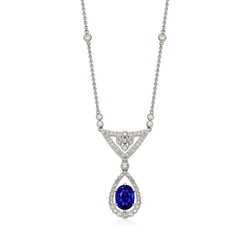 Gold Halo Pendant Oval Blue Sapphire & Diamond Necklace 2 Carats