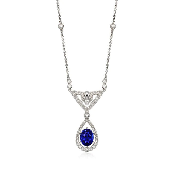 Gold Halo Pendant Oval Blue Sapphire & Diamond Necklace 2 Carats - Gemstone Pendant-harrychadent.ca